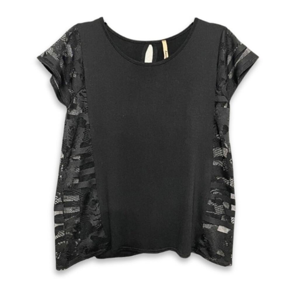 Love Marks Blouse Short Sleeves Stretch Knitted Fabric Sheer Detailing Black W S